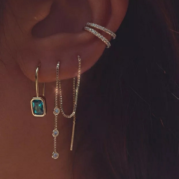 2/$25 Linear Drop Three Stone Cz Trio Gold Threader Dangle Earrings - Picture 3 of 5